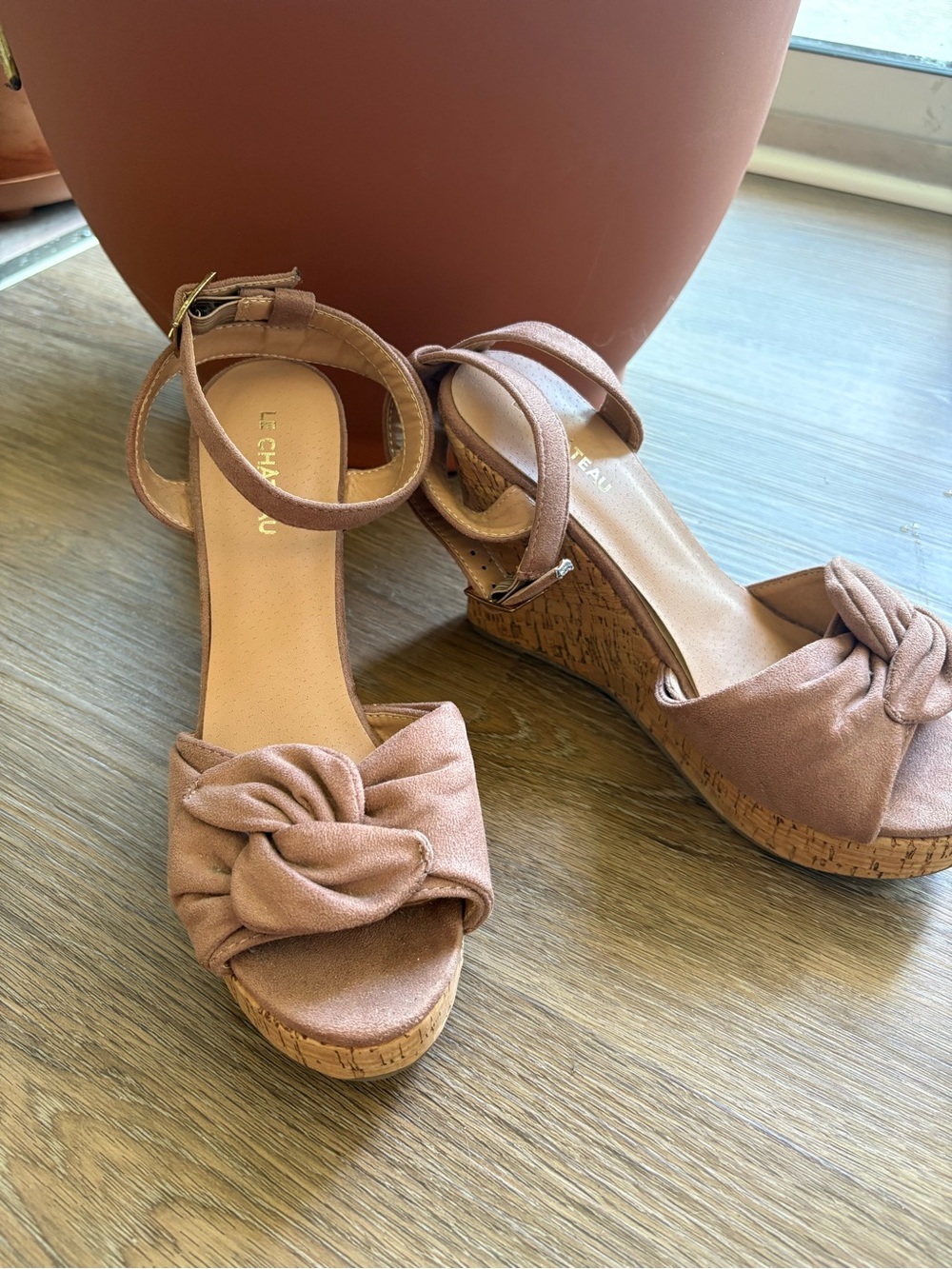 le chateau Blush Tan Knot Cork Wedge Sandals